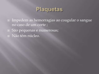 PlaquetasImpedem as hemorragias ao coagular o sangue no caso de um corte ;São pequenas e numerosas;Não têm núcleo.