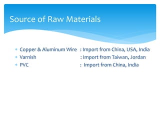 Copper & Aluminum Wire : Import from China, USA, India
 Varnish : Import from Taiwan, Jordan
 PVC : Import from China, India
Source of Raw Materials
 