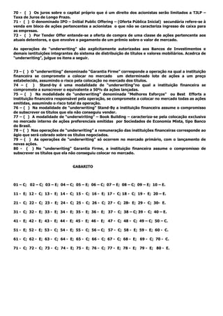 70 - ( ) Os juros sobre o capital próprio que é um direito dos acionistas serão limitados a TJLP –
Taxa de Juros de Longo Prazo.
71 - ( ) O denominado IPO – Initial Public Offering – (Oferta Pública Inicial) secundária refere-se à
venda em bloco de ações pertencentes a acionistas o que não se caracteriza ingresso de caixa para
as empresas.
72 - ( ) Por Tender Offer entende-se a oferta de compra de uma classe de ações pertencente aos
atuais detentores, e que envolve o pagamento de um prêmio sobre o valor de mercado.
As operações de “underwriting” são axplicitamente autorizadas aos Bancos de Investimentos e
demais isntituições integrantes do sistema de distribuição de títulos e valores mobiliários. Acedrca de
“underwriting”, julgue os itens a seguir.
73 – ( ) O “underwriting” denominado “Garantia Firme” corresponde a operação na qual a instituição
financeira se compromete a colocar no mercado um determinado lote de ações a um preço
estabelecido, assumindo o risco pela colocação no mercado dos títulos.
74 – ( ) Stand-by é uma modalidade de “underwriting”no qual a instituição financeira se
compromete a sunscrever o equivalente a 50% da ações lançadas.
75 – ( ) Na modalidade de “underwriting” denominada “Melhores Esforços” ou Best Efforts a
instituição financeira responsável pela operação, se compromete a colocar no mercado todas as ações
emitidas, assumindo o risco total da operação.
76 – ( ) Na modalidade de “underwriting” Stand-By a instituição financeira assume o compromisso
de subscrever os títulos que ela não conseguiu vender.
77 – ( ) A modalidade de “underwiriting” – Book Building – caracteriza-se pela colocação exclusiva
no mercado interno de ações preferenciais emitidas por Sociedades de Economia Mista, tipo Banco
do Brasil.
78 – ( ) Nas operações de “underwriting” a remuneração das instituições financeiras corresponde ao
ágio que será cobrado sobre os títulos negociados.
79 – ( ) As operações de “underwriting” só ocorrem no mercado primário, com o lançamento de
novas ações.
80 - ( ) No “underwriting” Garantia Firme, a instituição financeira assume o compromisso de
subscrever os títulos que ela não conseguiu colocar no mercado.
GABARITO
01 – C; 02 – C; 03 – E; 04 – C; 05 – E; 06 – C; 07 – E; 08 – C; 09 – E; 10 – E.
11 - E; 12 - C; 13 - E; 14 - C; 15 - C; 16 - E; 17 - C; 18 - C; 19 - E; 20 – E.
21 - C; 22 - C; 23 - E; 24 - C; 25 - C; 26 - C; 27 - C; 28- E; 29 - C; 30- E.
31 - C; 32 - E; 33 - E; 34 - E; 35 - E; 36 - E; 37 - C; 38 – C; 39 - C; 40 – E.
41 - E; 42 - E; 43 - E; 44 - E; 45 - E; 46 - E; 47 - C; 48 - C; 49 – C; 50 – C.
51 - E; 52 - E; 53 - C; 54 - E; 55 - C; 56 – C; 57 - C; 58 - E; 59 - E; 60 - C.
61 - C; 62 - E; 63 - C; 64 - E; 65 - C; 66 - C; 67 - C; 68 - E; 69 - C; 70 - C.
71 - C; 72 - C; 73 - C; 74 - E; 75 - E; 76 - C; 77 - E; 78 - E; 79 - E; 80 - E.
 