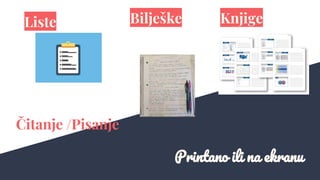 Čitanje /Pisanje
Liste Bilješke Knjige
Printano ili na ekranu
 