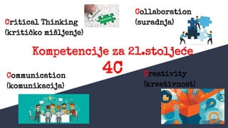 Kompetencije za 21.stoljeće
4C
Critical Thinking
(kritičko mišljenje)
Collaboration
(suradnja)
Creativity
(kreativnost)
Communication
(komunikacija)
 