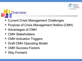 Overview Current Crisis Management Challenges Purpose of Crisis Management Hotline (CMH) Advantages of CMH CMH Stakeholders CMH Activation Triggers Draft CMH Operating Model CMH Success Factors  Way Forward 