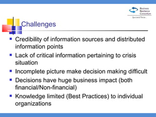 Challenges Credibility of information sources and distributed information points Lack of critical information pertaining to crisis situation Incomplete picture make decision making difficult Decisions have huge business impact (both financial/Non-financial) Knowledge limited (Best Practices) to individual organizations 