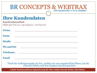 Auch Anbieter ohne feste Adresse (Vertretungen, reisende Händler, Dienstleistungen beim Kunden, etc.) können von Brancheneinträgen profitieren. Sie können uns anstelle einer Geschäftsadresse auch ein Einzugsgebiet mitteilen.Vorteile lokaler Suchmaschinenoptimierung