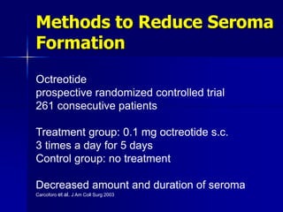 Methods to Reduce Seroma
Formation
Octreotide
prospective randomized controlled trial
261 consecutive patients
Treatment group: 0.1 mg octreotide s.c.
3 times a day for 5 days
Control group: no treatment
Decreased amount and duration of seroma
Carcoforo et al. J Am Coll Surg 2003
 