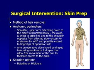 Surgical Intervention: Skin Prep
 Method of hair removal
 Anatomic perimeters
– Shoulder, upper arm extending down to
the elbow (circumferentially), the axilla,
& chest to table line and to the shoulder
opposite from affected side—access to
underarm for AND and possible extend
to fingertips of operative side
– Arm on operative side should be draped
free using stockinette & drapes that
allow free movement of the arm to
facilitate access to the axilla
 Solution options
– Betadine or Hibiclens
 