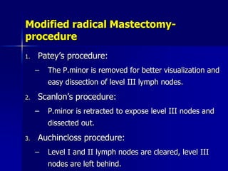 Modified radical Mastectomy-
procedure
1. Patey’s procedure:
– The P.minor is removed for better visualization and
easy dissection of level III lymph nodes.
2. Scanlon’s procedure:
– P.minor is retracted to expose level III nodes and
dissected out.
3. Auchincloss procedure:
– Level I and II lymph nodes are cleared, level III
nodes are left behind.
 