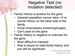 Negative Test (no
mutation detected)
• Family History is positive for the gene
• General population cancer risks—if no
can...