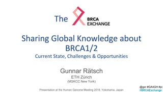 The x
Sharing Global Knowledge about
BRCA1/2
Current State, Challenges & Opportunities
Gunnar Rätsch
ETH Zürich
(MSKCC New York)
Presentation at the Human Genome Meeting 2018, Yokohama, Japan
@gxr #GA4GH #pi
#BRCAExchange
 