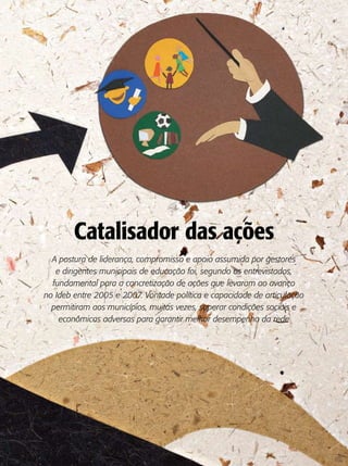 Catalisador das ações
  A postura de liderança, compromisso e apoio assumida por gestores
   e dirigentes municipais de educação foi, segundo os entrevistados,
  fundamental para a concretização de ações que levaram ao avanço
no Ideb entre 2005 e 2007. Vontade política e capacidade de articulação
  permitiram aos municípios, muitas vezes, superar condições sociais e
    econômicas adversas para garantir melhor desempenho da rede
 