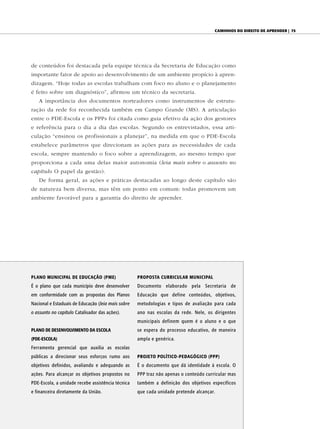 caminhoS do direito de aprender | 75




de conteúdos foi destacada pela equipe técnica da Secretaria de Educação como
importante fator de apoio ao desenvolvimento de um ambiente propício à apren-
dizagem. “Hoje todas as escolas trabalham com foco no aluno e o planejamento
é feito sobre um diagnóstico”, afirmou um técnico da secretaria.
   A importância dos documentos norteadores como instrumentos de estrutu-
ração da rede foi reconhecida também em Campo Grande (MS). A articulação
entre o PDE-Escola e os PPPs foi citada como guia efetivo da ação dos gestores
e referência para o dia a dia das escolas. Segundo os entrevistados, essa arti-
culação “ensinou os profissionais a planejar”, na medida em que o PDE-Escola
estabelece parâmetros que direcionam as ações para as necessidades de cada
escola, sempre mantendo o foco sobre a aprendizagem, ao mesmo tempo que
proporciona a cada uma delas maior autonomia (leia mais sobre o assunto no
capítulo O papel da gestão).
   De forma geral, as ações e práticas destacadas ao longo deste capítulo são
de natureza bem diversa, mas têm um ponto em comum: todas promovem um
ambiente favorável para a garantia do direito de aprender.




plAno muniCipAl de eduCAção (pme)                   propoStA CurriCulAr muniCipAl
É o plano que cada município deve desenvolver       Documento elaborado pela Secretaria de
em conformidade com as propostas dos Planos         Educação que define conteúdos, objetivos,
Nacional e Estaduais de Educação (leia mais sobre   metodologias e tipos de avaliação para cada
o assunto no capítulo Catalisador das ações).       ano nas escolas da rede. Nele, os dirigentes
                                                    municipais definem quem é o aluno e o que
plAno de deSenvolvimento dA eSColA                  se espera do processo educativo, de maneira
(pde-eSColA)                                        ampla e genérica.
Ferramenta gerencial que auxilia as escolas
públicas a direcionar seus esforços rumo aos        projeto polítiCo-pedAgógiCo (ppp)
objetivos definidos, avaliando e adequando as       É o documento que dá identidade à escola. O
ações. Para alcançar os objetivos propostos no      PPP traz não apenas o conteúdo curricular mas
PDE-Escola, a unidade recebe assistência técnica    também a definição dos objetivos específicos
e financeira diretamente da União.                  que cada unidade pretende alcançar.
 