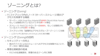 ゾーニングとは?
• ゾーニング (Zoning)
‒ FCファブリック内のノード (サーバー/ストレージ)間のア
クセスを制御する機能
• サーバー: HBA (Host Bus Adapter)のWWN (World Wide Name)、
もしくは接続されているスイッチのポート単位
• ストレージ: RAIDコントローラーのWWN、もしくは接続され
ているスイッチのポート単位
• ファブリックを「論理的なアクセスグループ=“ゾーン”」に分割
‒ L2スイッチにおけるVLAN (Virtual LAN)に似た機能
• ゾーニング (Zoning)の目的
‒ セキュリティーの向上
• 他のデバイスによるストレージへのアクセスを制限することで、
データの一貫性を保証
‒ 障害伝搬範囲の低減
• RSCNの伝達範囲を、影響のあるゾーン内に制限
11
0 1 2 3 4 5 6 7
8 9 10 11 12 13 14 15
zone2 zone3
zone4zone1
 