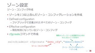ゾーン設定
ゾーン・コンフィグ作成
• ゾーンを1つ以上含んだゾーン・コンフィグレーションを作成
• Defined configuration
‒ ファブリックで定義されたすべてのゾーン・コンフィグ
• Effective configuration
‒ 現在有効になっているゾーン・コンフィグ
• cfgcreateコマンドで作成
17
switch:admin> cfgcreate "demo_cfg","demo1;demo2"
ゾーン・コンフィグ名
ゾーン・コンフィグのメンバー
= ゾーン名
複数メンバー (ゾーン)を登録するときは
セミコロン (”;”)で区切り
 