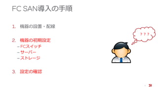 FC SAN導入の手順
7
1. 機器の設置・配線
2. 機器の初期設定
‒ FCスイッチ
‒ サーバー
‒ ストレージ
3. 設定の確認
？？？
 