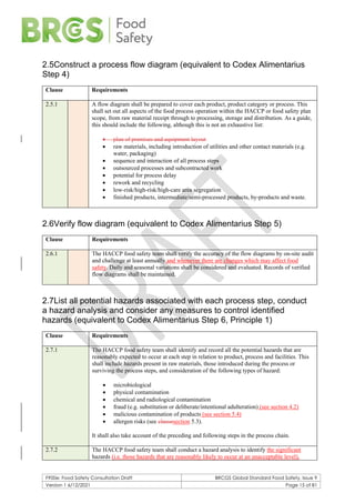 F900e: Food Safety Consultation Draft BRCGS Global Standard Food Safety, Issue 9
Version 1 6/12/2021 Page 15 of 81
2.5Construct a process flow diagram (equivalent to Codex Alimentarius
Step 4)
Clause Requirements
2.5.1 A flow diagram shall be prepared to cover each product, product category or process. This
shall set out all aspects of the food process operation within the HACCP or food safety plan
scope, from raw material receipt through to processing, storage and distribution. As a guide,
this should include the following, although this is not an exhaustive list:
• plan of premises and equipment layout
• raw materials, including introduction of utilities and other contact materials (e.g.
water, packaging)
• sequence and interaction of all process steps
• outsourced processes and subcontracted work
• potential for process delay
• rework and recycling
• low-risk/high-risk/high-care area segregation
• finished products, intermediate/semi-processed products, by-products and waste.
2.6Verify flow diagram (equivalent to Codex Alimentarius Step 5)
Clause Requirements
2.6.1 The HACCP food safety team shall verify the accuracy of the flow diagrams by on-site audit
and challenge at least annually and whenever there are changes which may affect food
safety. Daily and seasonal variations shall be considered and evaluated. Records of verified
flow diagrams shall be maintained.
2.7List all potential hazards associated with each process step, conduct
a hazard analysis and consider any measures to control identified
hazards (equivalent to Codex Alimentarius Step 6, Principle 1)
Clause Requirements
2.7.1 The HACCP food safety team shall identify and record all the potential hazards that are
reasonably expected to occur at each step in relation to product, process and facilities. This
shall include hazards present in raw materials, those introduced during the process or
surviving the process steps, and consideration of the following types of hazard:
• microbiological
• physical contamination
• chemical and radiological contamination
• fraud (e.g. substitution or deliberate/intentional adulteration) (see section 4.2)
• malicious contamination of products (see section 5.4)
• allergen risks (see clausesection 5.3).
It shall also take account of the preceding and following steps in the process chain.
2.7.2 The HACCP food safety team shall conduct a hazard analysis to identify the significant
hazards (i.e. those hazards that are reasonably likely to occur at an unacceptable level),
 
