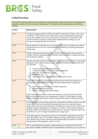 F900e: Food Safety Consultation Draft BRCGS Global Standard Food Safety, Issue 9
Version 1 6/12/2021 Page 38 of 81
4.8Staff facilities
Staff facilities shall be sufficient to accommodate the required number of personnel, and shall be designed and
operated to minimise the risk of product contamination. The facilities shall be maintained in good and clean
condition.
Clause Requirements
4.8.1 Designated changing facilities shall be provided for all personnel, whether staff, visitor
or contractor. These shall be sited to allow direct access to the production, packing or
storage areas without recourse to any external area. Where this is not possible, a risk
assessment shall be carried out and procedures implemented accordingly (e.g. the
provision of cleaning facilities for footwear).
4.8.2 Storage facilities of sufficient size to accommodate personal items shall be provided for
all personnel who work in raw material handling, preparation, processing, packing and
storage areas.
4.8.3 Outdoor clothing and other personal items shall be stored separately from production
clothing within the changing facilities. Facilities shall be available to separate clean and
dirty production clothing.
4.8.4 Suitable and sufficient hand-washing facilities shall be provided at access to, and at other
appropriate points within, production areas. Such hand-washing facilities shall provide,
at a minimum:
• advisory signs to prompt hand-washing
• a sufficient quantity of water at a suitable temperature
• water taps with hands-free operation
• liquid/foam soap
• single-use towels or suitably designed and located air driers.
4.8.5 Toilets shall be adequately segregated and shall not open directly into production or
packing areas. Toilets shall be provided with hand-washing facilities comprising:
• basins with soap and water at a suitable temperature
• adequate hand-drying facilities
• advisory signs to prompt hand-washing.
Where hand-washing facilities within toilet facilities are the only facilities provided
before re-entering production, the requirements of clause 4.8.4 shall apply and signs
shall be in place to direct people to hand-washing facilities before entering production.
4.8.6 Where smoking is allowed under national law, designated controlled smoking areas shall
be provided which are both isolated from production areas to an extent that ensures
smoke cannot reach the product and fitted with sufficient extraction to the exterior of the
building. Adequate arrangements for dealing with smokers’ waste shall be provided at
smoking facilities, both inside and at exterior locations. Electronic cigarettes shall not be
permitted to be used or brought into production or storage areas.
4.8.7 All food brought into manufacturing premises by staff shall be appropriately stored in a
clean and hygienic state. No food shall be taken into storage, processing or production
areas. Where eating of food is allowed outside during breaks, this shall be in suitable
designated areas with appropriate control of waste.
4.8.8 Where catering facilities (including vending machines) are provided on the premises,
they shall be suitably controlled to prevent contamination of products (e.g. as a source of
 