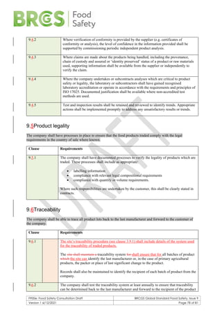 F900e: Food Safety Consultation Draft BRCGS Global Standard Food Safety, Issue 9
Version 1 6/12/2021 Page 78 of 81
9.4.2 Where verification of conformity is provided by the supplier (e.g. certificates of
conformity or analysis), the level of confidence in the information provided shall be
supported by commissioning periodic independent product analysis.
9.4.3 Where claims are made about the products being handled, including the provenance,
chain of custody and assured or ‘identity preserved’ status of a product or raw materials
used, supporting information shall be available from the supplier or independently to
verify the claim.
9.4.4 Where the company undertakes or subcontracts analyses which are critical to product
safety or legality, the laboratory or subcontractors shall have gained recognised
laboratory accreditation or operate in accordance with the requirements and principles of
ISO 17025. Documented justification shall be available where non-accredited test
methods are used.
9.4.5 Test and inspection results shall be retained and reviewed to identify trends. Appropriate
actions shall be implemented promptly to address any unsatisfactory results or trends.
9.5Product legality
The company shall have processes in place to ensure that the food products traded comply with the legal
requirements in the country of sale where known.
Clause Requirements
9.5.1 The company shall have documented processes to verify the legality of products which are
traded. These processes shall include as appropriate:
• labelling information
• compliance with relevant legal compositional requirements
• compliance with quantity or volume requirements.
Where such responsibilities are undertaken by the customer, this shall be clearly stated in
contracts.
9.6Traceability
The company shall be able to trace all product lots back to the last manufacturer and forward to the customer of
the company.
Clause Requirements
9.6.1 The site’s traceability procedure (see clause 3.9.1) shall include details of the system used
for the traceability of traded products.
The site shall maintain a traceability system for shall ensure that for all batches of product
which the site can identify the last manufacturer or, in the case of primary agricultural
products, the packer or place of last significant change to the product.
Records shall also be maintained to identify the recipient of each batch of product from the
company.
9.6.2 The company shall test the traceability system at least annually to ensure that traceability
can be determined back to the last manufacturer and forward to the recipient of the product
 