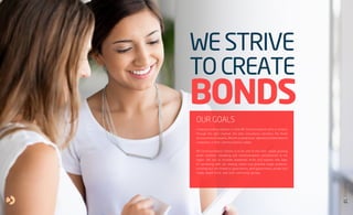 WESTRIVE
TOCREATE
BONDS
OUR GOALS
Creating bonding relations is what BR Communications aims to achieve
through the right channel, the best consultancy solutions, the finest
services and a of experts. We aim to assist local, regional and international
companies in their communications needs.
BR Communications’ mission is to be one of the most rapidly growing
public relations, marketing and communications consultancies in the
region. We aim to increase awareness levels and explore new ways
of connecting with our existing clients and potential target audience,
including but not limited to government, semi-government, private and
media based firms, and local community groups.
09
08
BRCommunications
CompanyProfile,2016
 