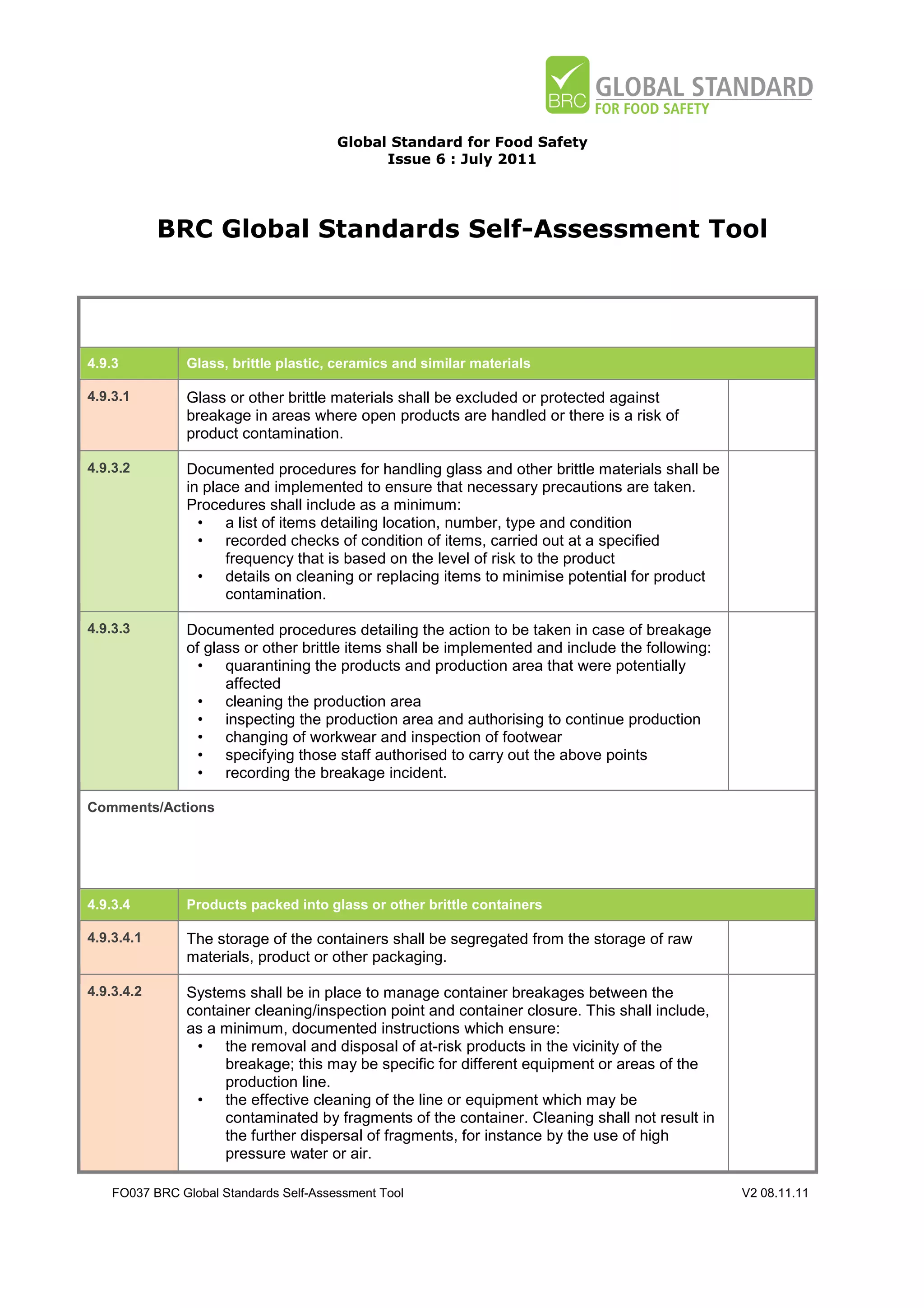 BRC Global Standards Self-Assessment Tool for Food Safety Issue 6 ...