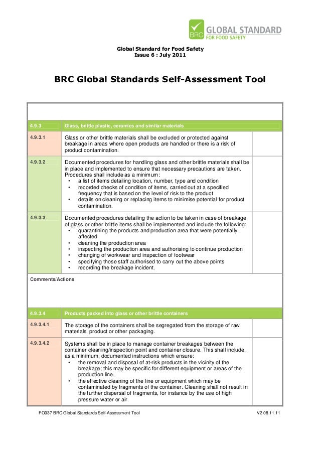 BRC Global Standards SelfAssessment Tool for Food Safety Issue 6.