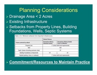 Planning Considerations
 Drainage Area < 2 Acres
 Existing Infrastructure
 Setbacks from Property Lines, Building
Foundations, Wells, Septic Systems
 Commitment/Resources to Maintain Practice
 