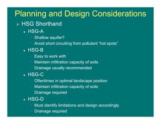 Planning and Design Considerations
 HSG Shorthand
 HSG-A
• Shallow aquifer?
• Avoid short circuiting from pollutant “hot spots”
 HSG-B
• Easy to work with
• Maintain infiltration capacity of soils
• Drainage usually recommended
 HSG-C
• Oftentimes in optimal landscape position
• Maintain infiltration capacity of soils
• Drainage required
 HSG-D
• Must identify limitations and design accordingly
• Drainage required
 