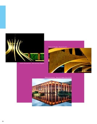 Os mais importantes monumentos de Brasília foram          	        The most important monuments in Brasilia were
erguidos no Eixo Monumental, com destaque para a Praça             erected on the Monumental Axis, emphasizing Três Poderes
dos Três Poderes, tendo como centro a Estação Rodoviária.          Square with the Bus Station at the center. However, one must
Impossível, porém, não incluir no circuito um ou outro ponto       not fail to include on the tour other more distant points,
mais distante, seja por causa de sua história ou porque são        whether due to Brasilia’s history or because they are often
muito visitados, como o Templo da Boa Vontade, a Feira dos         crowded, such as the Templo da Boa Vontade, The Imported
Importados, a sede do Ministério Público, do Superior Tribunal     Goods Fair, the headquarters of the Attorney-General’s
de Justiça e a Ponte JK, premiada internacionalmente como a        Office, of the Superior Court of Justice and JK Bridge, which
ponte mais bonita do mundo, um novíssimo point da cidade.          has won international awards as the most beautiful bridge in
                                                                   the world, an attractive new and recent addition for tourists
	        Conhecimento básico para quem chega são algumas           here.
designações características da cidade. Candango é o operário
que construiu Brasília, vindo de todos os cantos do País, figura   	        Basic knowledge for the newcomer is some of the
imortalizada na escultura de 8 metros de altura denominada         characteristic designations of the city. A “candango” is the
Os candangos, de autoria de Bruno Giorgio. Está em frente do       worker who built Brasilia, having come from all corners of
parlatório do Palácio do Planalto, na Praça dos Três Poderes.      Brazil, a character immortalized in the Bruno Giorgio’s 8-
O observador atento perceberá um detalhe que faz parte do          meter sculpture referred to as Os Candangos. It lies in front of
cotidiano dos pioneiros e moradores de Brasília: a falta de        the Parlatorium of the Planalto Palace, at Três Poderes Square.
fiação elétrica nas ruas, toda subterrânea, pelo menos nos         The attentive observer will notice a detail that makes up part
principais logradouros. Pioneiro é quem chegou nos primeiros       of the daily lives of the pioneers and inhabitants of Brasilia:
anos após a inauguração.                                           lack of electrical wiring in the streets, all underground,
                                                                   at least in the main public spaces. Pioneers are those who
                                                                   arrived in the first years after the inauguration.
                                                                                       Romero Britto ©




                                                                                                                                      27
 