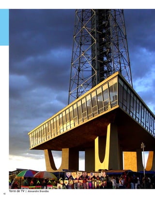 Torre de TV                                                         TV Tower

	         A Torre de TV tem 224 metros de altura. A 25 metros       	         The TV Tower is 224 meters [739.2 feet] high. The
do térreo funciona o Museu Nacional de Gemas; do patamar,           National Gems Museum is located 25 meters from ground
onde fica o mirante, tem-se uma das mais belas vistas de            level; from this stretch, where the observation point is
Brasília. Quem subir verá o Planetário, o Centro de Convenções      located, some of the most beautiful panoramic views of
— única obra destacada no Eixo Monumental sem a grife de            Brasilia can be seen. Those wanting to go up there will see
Niemeyer, é criação de Sérgio Bernardes —, o Estádio Mané           the Planetarium, the Convention Center– the only work
Garrincha, o Ginásio Nilson Nelson, o Autódromo Nelson Piquet       highlighted in the Monumental Axis without Niemeyer’s
e, em breve, também, a sede do Clube do Choro. Na cauda do          personal trademark, it was created by Sérgio Bernardes –,
avião fica a administração distrital: Palácio do Buriti, Tribunal   Mané Garrincha Stadium, Nilson Nelson Gymnasium, Nelson
de Contas do DF, Tribunal de Justiça e a Câmara Legislativa.        Piquet Speedway and, also soon, the headquarters of Clube
Ao lado da Torre, uma empresa oferece vôos de helicóptero           do Choro. The district administration is located on the tail of
com duração de 12 minutos.                                          the airplane: Buriti Palace, Federal District Budget Oversight
                                                                    Board, Higher Court, and the Legislative Chamber. A company
Palácio do Buriti                                                   next to the Tower offers 12-minute helicopter flights.

	        É uma das sede do Governo do Distrito Federal. O           Buriti Palace
palácio foi inaugurado em agosto de 1969 e seu nome tem
origem numa palmeira que está plantada na praça, em frente          	        This is the headquarters of the Federal District
do prédio. À sua frente está uma réplica da escultura Loba          Government. The palace was inaugurated in August 1969
romana, doada pela prefeitura de Roma; e a escultura Forma          and its name originates from a Palm Tree that was planted in
espacial do Plano, de Ênio Liamini, doada pelo ex-presidente        the square in front of the building. A replica of the sculpture
da Argentina Jorge Rafael Videla.                                   Loba romana, donated by Rome’s City Hall lies in front of it;
                                                                    and the sculpture Forma espacial do Plano (Plane’s Spacial
                                                                    Form), by Ênio Liamini, was donated by the former president
                                                                    of Argentina Jorge Rafael Videla.




                                                                                                                                      43
 