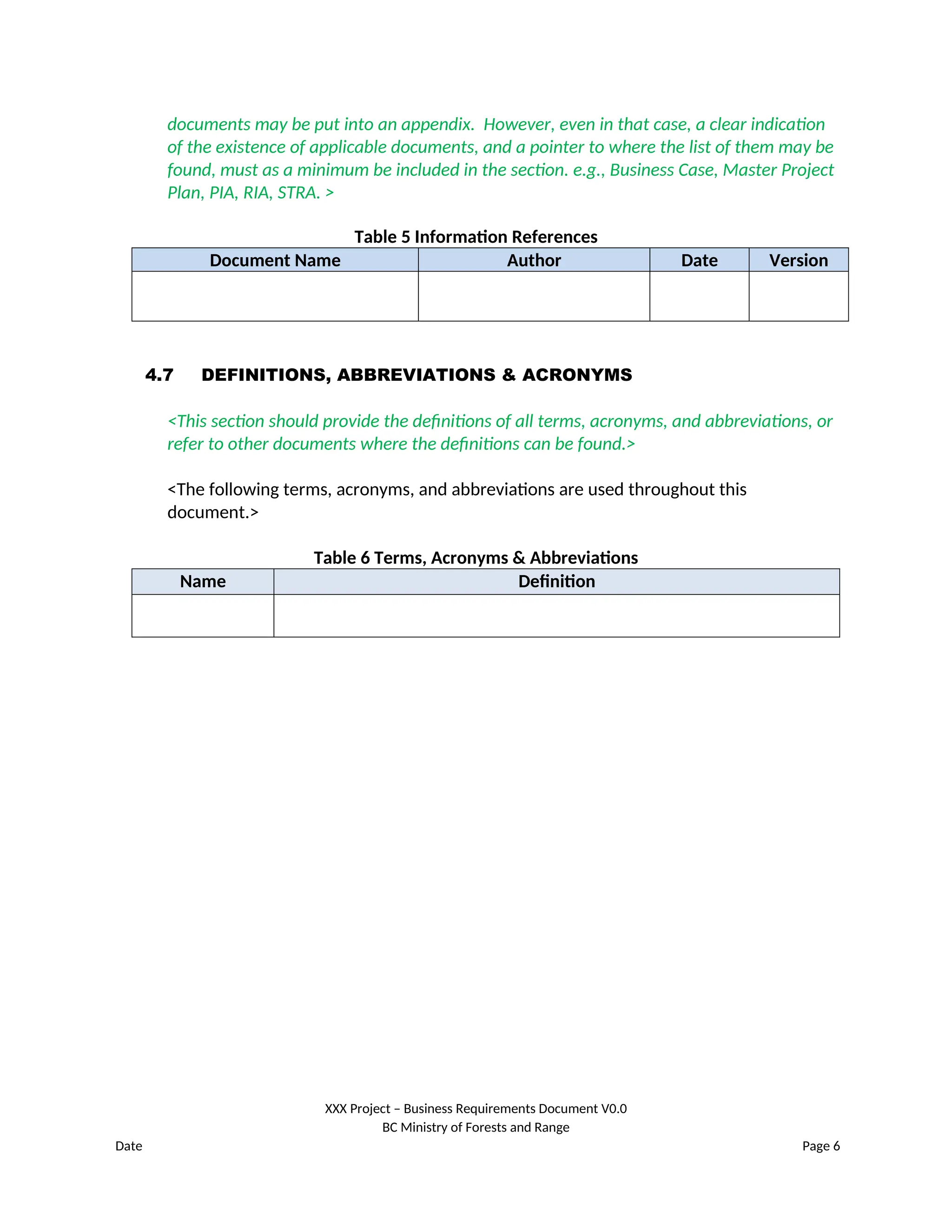 documents may be put into an appendix. However, even in that case, a clear indication
of the existence of applicable documents, and a pointer to where the list of them may be
found, must as a minimum be included in the section. e.g., Business Case, Master Project
Plan, PIA, RIA, STRA. >
Table 5 Information References
Document Name Author Date Version
4.7 DEFINITIONS, ABBREVIATIONS & ACRONYMS
<This section should provide the definitions of all terms, acronyms, and abbreviations, or
refer to other documents where the definitions can be found.>
<The following terms, acronyms, and abbreviations are used throughout this
document.>
Table 6 Terms, Acronyms & Abbreviations
Name Definition
XXX Project – Business Requirements Document V0.0
BC Ministry of Forests and Range
Date Page 6
 