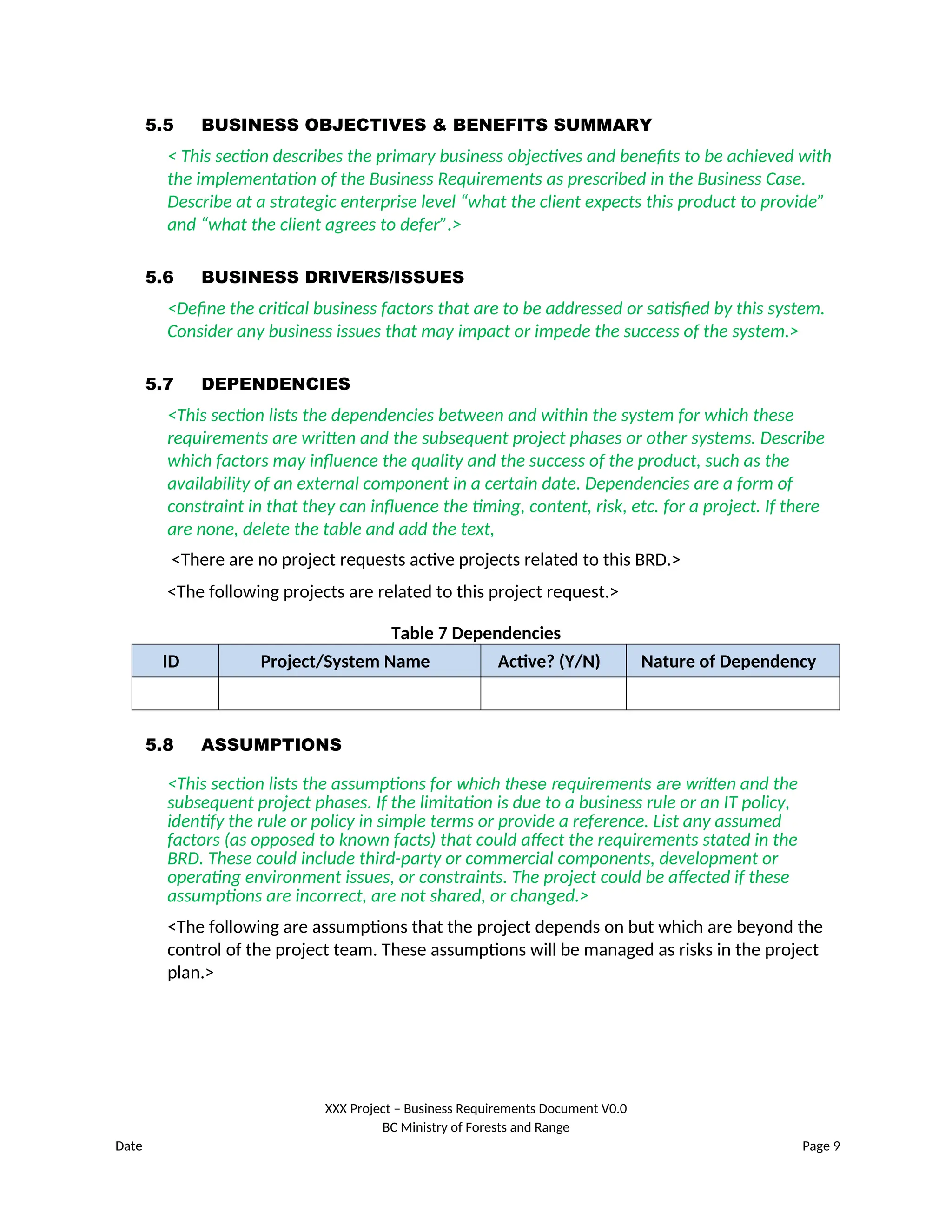 5.5 BUSINESS OBJECTIVES & BENEFITS SUMMARY
< This section describes the primary business objectives and benefits to be achieved with
the implementation of the Business Requirements as prescribed in the Business Case.
Describe at a strategic enterprise level “what the client expects this product to provide”
and “what the client agrees to defer”.>
5.6 BUSINESS DRIVERS/ISSUES
<Define the critical business factors that are to be addressed or satisfied by this system.
Consider any business issues that may impact or impede the success of the system.>
5.7 DEPENDENCIES
<This section lists the dependencies between and within the system for which these
requirements are written and the subsequent project phases or other systems. Describe
which factors may influence the quality and the success of the product, such as the
availability of an external component in a certain date. Dependencies are a form of
constraint in that they can influence the timing, content, risk, etc. for a project. If there
are none, delete the table and add the text,
<There are no project requests active projects related to this BRD.>
<The following projects are related to this project request.>
Table 7 Dependencies
ID Project/System Name Active? (Y/N) Nature of Dependency
5.8 ASSUMPTIONS
<This section lists the assumptions for which these requirements are written and the
subsequent project phases. If the limitation is due to a business rule or an IT policy,
identify the rule or policy in simple terms or provide a reference. List any assumed
factors (as opposed to known facts) that could affect the requirements stated in the
BRD. These could include third-party or commercial components, development or
operating environment issues, or constraints. The project could be affected if these
assumptions are incorrect, are not shared, or changed.>
<The following are assumptions that the project depends on but which are beyond the
control of the project team. These assumptions will be managed as risks in the project
plan.>
XXX Project – Business Requirements Document V0.0
BC Ministry of Forests and Range
Date Page 9
 