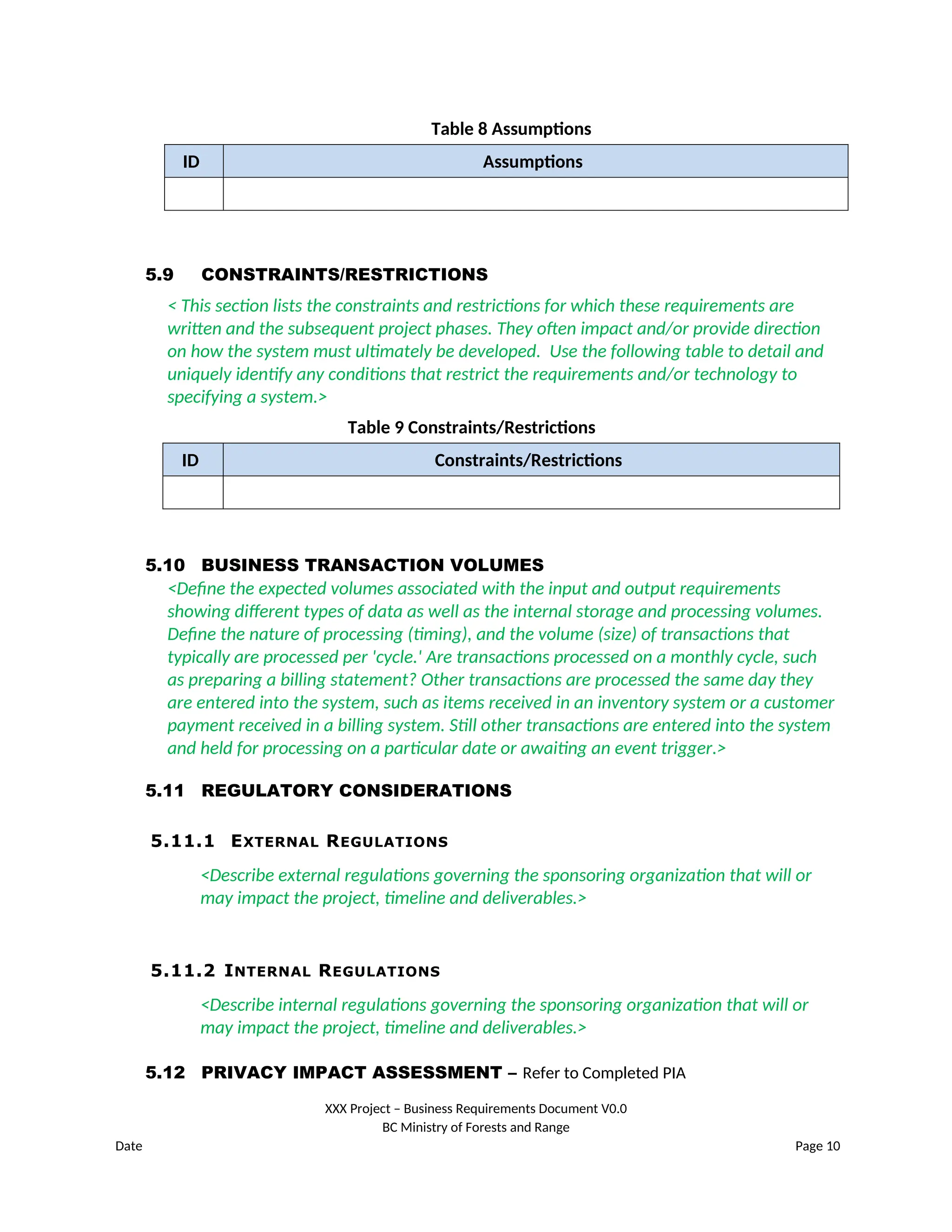 Table 8 Assumptions
ID Assumptions
5.9 CONSTRAINTS/RESTRICTIONS
< This section lists the constraints and restrictions for which these requirements are
written and the subsequent project phases. They often impact and/or provide direction
on how the system must ultimately be developed. Use the following table to detail and
uniquely identify any conditions that restrict the requirements and/or technology to
specifying a system.>
Table 9 Constraints/Restrictions
ID Constraints/Restrictions
5.10 BUSINESS TRANSACTION VOLUMES
<Define the expected volumes associated with the input and output requirements
showing different types of data as well as the internal storage and processing volumes.
Define the nature of processing (timing), and the volume (size) of transactions that
typically are processed per 'cycle.' Are transactions processed on a monthly cycle, such
as preparing a billing statement? Other transactions are processed the same day they
are entered into the system, such as items received in an inventory system or a customer
payment received in a billing system. Still other transactions are entered into the system
and held for processing on a particular date or awaiting an event trigger.>
5.11 REGULATORY CONSIDERATIONS
5.11.1 EXTERNAL REGULATIONS
<Describe external regulations governing the sponsoring organization that will or
may impact the project, timeline and deliverables.>
5.11.2 INTERNAL REGULATIONS
<Describe internal regulations governing the sponsoring organization that will or
may impact the project, timeline and deliverables.>
5.12 PRIVACY IMPACT ASSESSMENT – Refer to Completed PIA
XXX Project – Business Requirements Document V0.0
BC Ministry of Forests and Range
Date Page 10
 