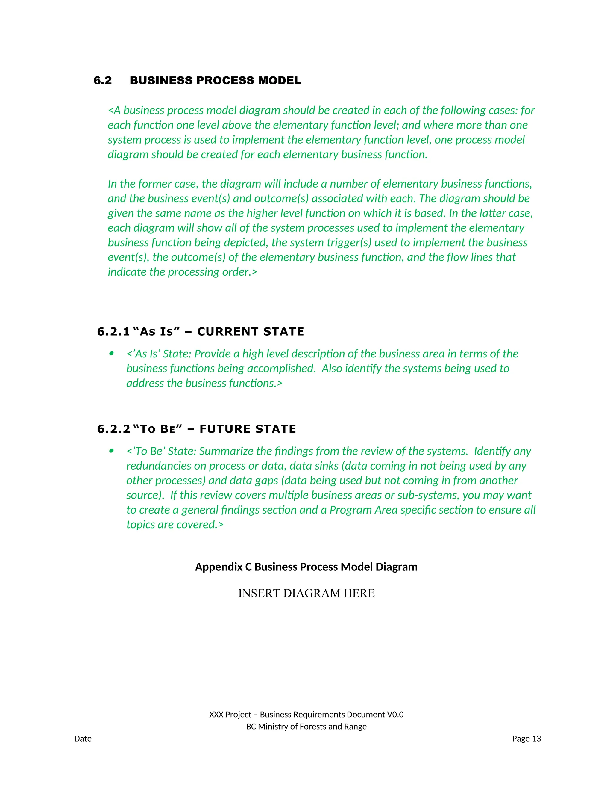 6.2 BUSINESS PROCESS MODEL
<A business process model diagram should be created in each of the following cases: for
each function one level above the elementary function level; and where more than one
system process is used to implement the elementary function level, one process model
diagram should be created for each elementary business function.
In the former case, the diagram will include a number of elementary business functions,
and the business event(s) and outcome(s) associated with each. The diagram should be
given the same name as the higher level function on which it is based. In the latter case,
each diagram will show all of the system processes used to implement the elementary
business function being depicted, the system trigger(s) used to implement the business
event(s), the outcome(s) of the elementary business function, and the flow lines that
indicate the processing order.>
6.2.1 “AS IS” – CURRENT STATE
 <’As Is’ State: Provide a high level description of the business area in terms of the
business functions being accomplished. Also identify the systems being used to
address the business functions.>
6.2.2 “TO BE” – FUTURE STATE
 <’To Be’ State: Summarize the findings from the review of the systems. Identify any
redundancies on process or data, data sinks (data coming in not being used by any
other processes) and data gaps (data being used but not coming in from another
source). If this review covers multiple business areas or sub-systems, you may want
to create a general findings section and a Program Area specific section to ensure all
topics are covered.>
Appendix C Business Process Model Diagram
INSERT DIAGRAM HERE
XXX Project – Business Requirements Document V0.0
BC Ministry of Forests and Range
Date Page 13
 
