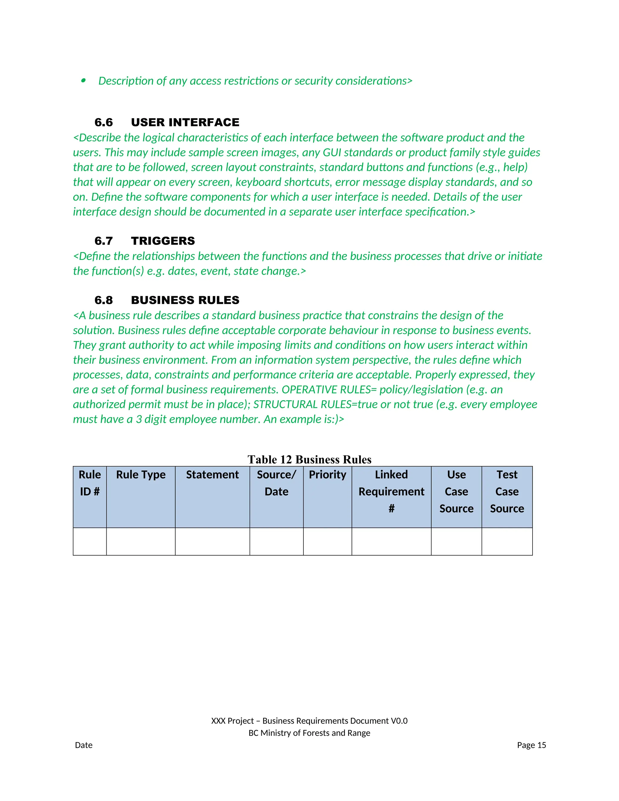  Description of any access restrictions or security considerations>
6.6 USER INTERFACE
<Describe the logical characteristics of each interface between the software product and the
users. This may include sample screen images, any GUI standards or product family style guides
that are to be followed, screen layout constraints, standard buttons and functions (e.g., help)
that will appear on every screen, keyboard shortcuts, error message display standards, and so
on. Define the software components for which a user interface is needed. Details of the user
interface design should be documented in a separate user interface specification.>
6.7 TRIGGERS
<Define the relationships between the functions and the business processes that drive or initiate
the function(s) e.g. dates, event, state change.>
6.8 BUSINESS RULES
<A business rule describes a standard business practice that constrains the design of the
solution. Business rules define acceptable corporate behaviour in response to business events.
They grant authority to act while imposing limits and conditions on how users interact within
their business environment. From an information system perspective, the rules define which
processes, data, constraints and performance criteria are acceptable. Properly expressed, they
are a set of formal business requirements. OPERATIVE RULES= policy/legislation (e.g. an
authorized permit must be in place); STRUCTURAL RULES=true or not true (e.g. every employee
must have a 3 digit employee number. An example is:)>
Table 12 Business Rules
Rule
ID #
Rule Type Statement Source/
Date
Priority Linked
Requirement
#
Use
Case
Source
Test
Case
Source
XXX Project – Business Requirements Document V0.0
BC Ministry of Forests and Range
Date Page 15
 