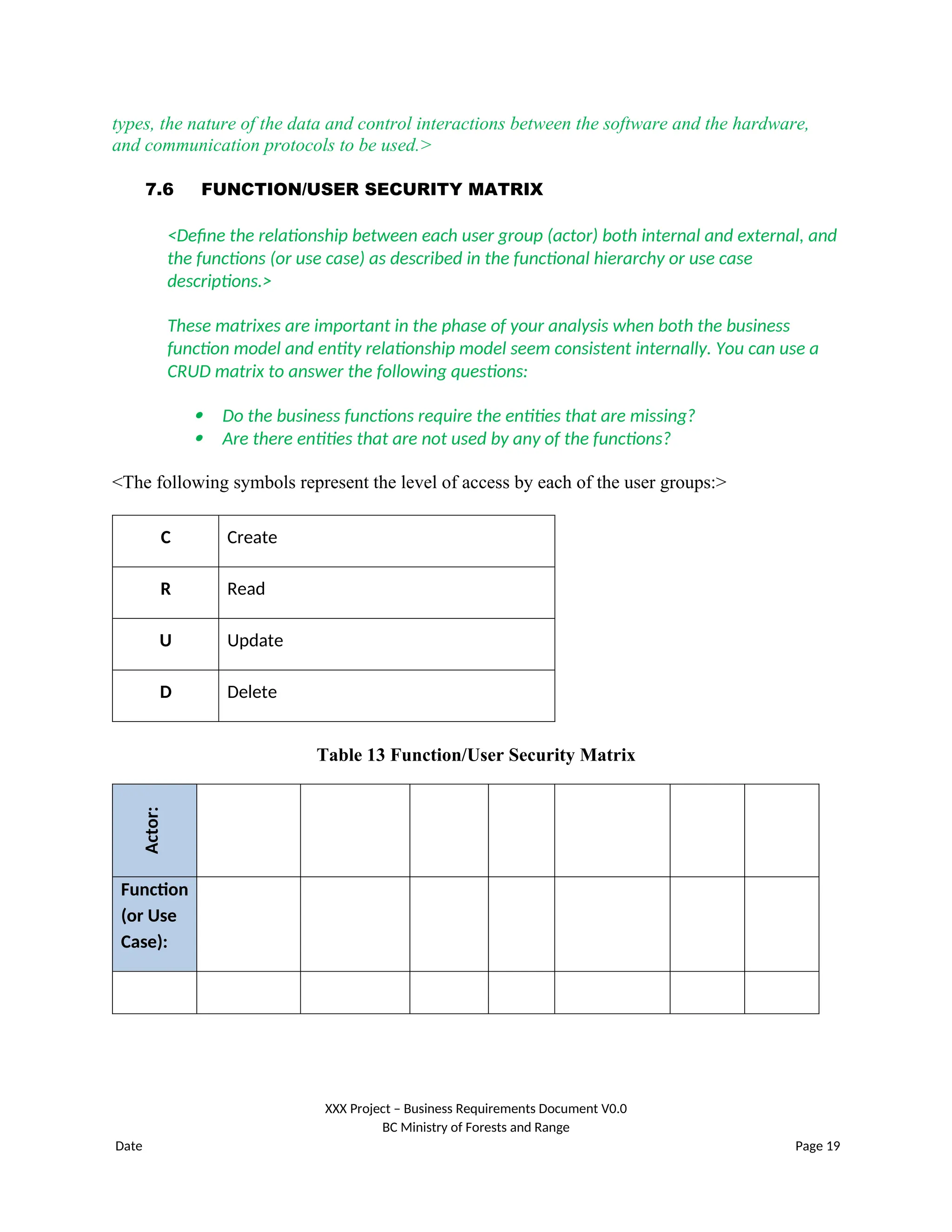 types, the nature of the data and control interactions between the software and the hardware,
and communication protocols to be used.>
7.6 FUNCTION/USER SECURITY MATRIX
<Define the relationship between each user group (actor) both internal and external, and
the functions (or use case) as described in the functional hierarchy or use case
descriptions.>
These matrixes are important in the phase of your analysis when both the business
function model and entity relationship model seem consistent internally. You can use a
CRUD matrix to answer the following questions:
 Do the business functions require the entities that are missing?
 Are there entities that are not used by any of the functions?
<The following symbols represent the level of access by each of the user groups:>
C Create
R Read
U Update
D Delete
Table 13 Function/User Security Matrix
Actor:
Function
(or Use
Case):
XXX Project – Business Requirements Document V0.0
BC Ministry of Forests and Range
Date Page 19
 