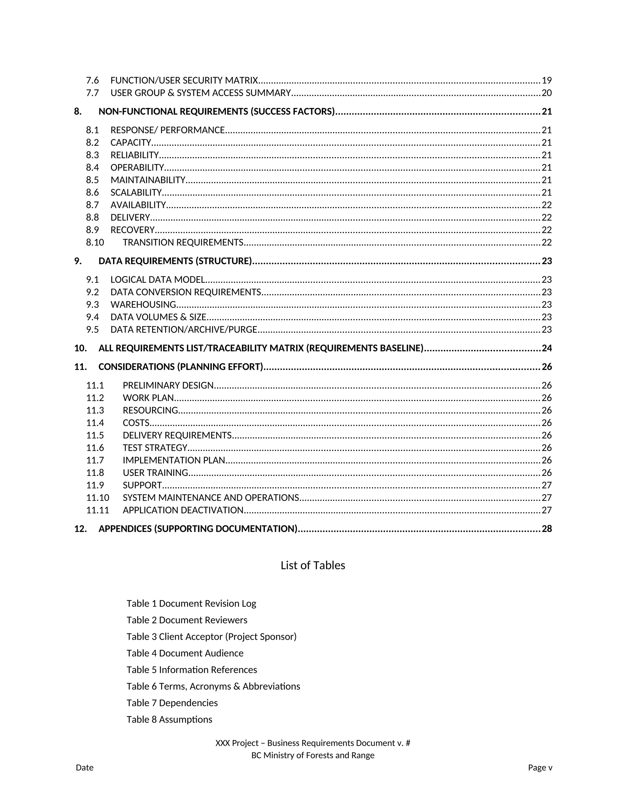 7.6 FUNCTION/USER SECURITY MATRIX............................................................................................................19
7.7 USER GROUP & SYSTEM ACCESS SUMMARY................................................................................................20
8. NON-FUNCTIONAL REQUIREMENTS (SUCCESS FACTORS)..........................................................................21
8.1 RESPONSE/ PERFORMANCE.........................................................................................................................21
8.2 CAPACITY.....................................................................................................................................................21
8.3 RELIABILITY..................................................................................................................................................21
8.4 OPERABILITY................................................................................................................................................21
8.5 MAINTAINABILITY........................................................................................................................................21
8.6 SCALABILITY.................................................................................................................................................21
8.7 AVAILABILITY................................................................................................................................................22
8.8 DELIVERY......................................................................................................................................................22
8.9 RECOVERY....................................................................................................................................................22
8.10 TRANSITION REQUIREMENTS..................................................................................................................22
9. DATA REQUIREMENTS (STRUCTURE)........................................................................................................23
9.1 LOGICAL DATA MODEL................................................................................................................................23
9.2 DATA CONVERSION REQUIREMENTS...........................................................................................................23
9.3 WAREHOUSING............................................................................................................................................23
9.4 DATA VOLUMES & SIZE................................................................................................................................23
9.5 DATA RETENTION/ARCHIVE/PURGE............................................................................................................23
10. ALL REQUIREMENTS LIST/TRACEABILITY MATRIX (REQUIREMENTS BASELINE)..........................................24
11. CONSIDERATIONS (PLANNING EFFORT)....................................................................................................26
11.1 PRELIMINARY DESIGN.............................................................................................................................26
11.2 WORK PLAN............................................................................................................................................26
11.3 RESOURCING...........................................................................................................................................26
11.4 COSTS......................................................................................................................................................26
11.5 DELIVERY REQUIREMENTS......................................................................................................................26
11.6 TEST STRATEGY.......................................................................................................................................26
11.7 IMPLEMENTATION PLAN.........................................................................................................................26
11.8 USER TRAINING.......................................................................................................................................26
11.9 SUPPORT.................................................................................................................................................27
11.10 SYSTEM MAINTENANCE AND OPERATIONS............................................................................................27
11.11 APPLICATION DEACTIVATION..................................................................................................................27
12. APPENDICES (SUPPORTING DOCUMENTATION)........................................................................................28
List of Tables
Table 1 Document Revision Log
Table 2 Document Reviewers
Table 3 Client Acceptor (Project Sponsor)
Table 4 Document Audience
Table 5 Information References
Table 6 Terms, Acronyms & Abbreviations
Table 7 Dependencies
Table 8 Assumptions
XXX Project – Business Requirements Document v. #
BC Ministry of Forests and Range
Date Page v
 