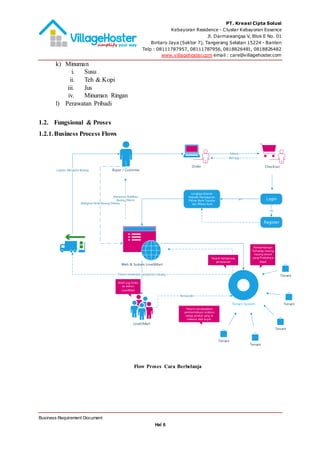 PT. Kreasi Cipta Solusi
Kebayoran Residence - Cluster Kebayoran Essence
Jl. Darmawangsa V, Blok E No. 01
Bintaro Jaya (Sektor 7), Tangerang Selatan 15224 - Banten
Telp : 08111787957, 08111787956, 0818826481, 0818826482
www.villagehoster.com email : care@villagehoster.com
Business Requirement Document
Hal 6
k) Minuman
i. Susu
ii. Teh & Kopi
iii. Jus
iv. Minuman Ringan
l) Perawatan Pribadi
1.2. Fungsional & Proses
1.2.1.Business Process Flows
Web & System LoveItMart
Checkout
Order
LoveItMart
Login
Register
Buyer / Customer
no
yes
Selesai
Beli lagi
Lengkapi Alamat,
Metode Pembayaran,
Pilihan Bank Transfer
dan Pilihan Kurir
Tenant
Tenant
Tenant
Tenant
Tenant
Tenant System
Menerima Notifkasi
Barang Dikirm
Remainder
Tenant melakukan pengiriman barang
Logistic Mengirim Barang
Mengirim Notif Barang Ditrima
Tenant mendapatkan
pemberitahuan orderan
setiap produk yang di
chekout oleh buyer.
Pemberitahuan
Terhadap masing
masing tenant
yang Produknya
dibeli
Notif Log Order
ke Admin
LoveItMart
Tenant memproses
pemesanan
Flow Proses Cara Berbelanja
 