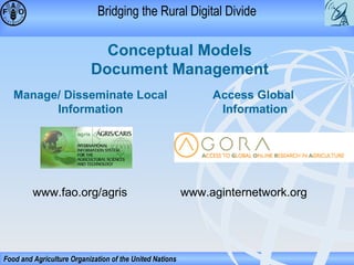 Bridging the Rural Digital Divide

Conceptual Models
Document Management
Manage/ Disseminate Local
Information

www.fao.org/agris

Food and Agriculture Organization of the United Nations

Access Global
Information

www.aginternetwork.org

 