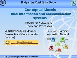 Bridging the Rural Digital Divide

Conceptual Models
Rural information and communication
systems
Models for Networking
Tools and Processes
VERCON (Virtual Extension,
Research and Communication
Network)

Food and Agriculture Organization of the United Nations

FarmNet - Farmers
Information Network

 