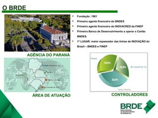 O BRDE
AGÊNCIA DO PARANÁ
ÁREA DE ATUAÇÃO
 Fundação: 1961
 Primeiro agente financeiro do BNDES
 Primeiro agente financei...