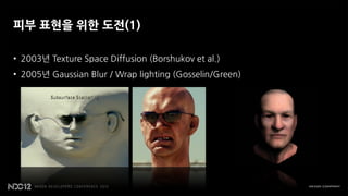 피부 표현을 위한 도전(1)

• 2003년 Texture Space Diffusion (Borshukov et al.)
• 2005년 Gaussian Blur / Wrap lighting (Gosselin/Green)
 