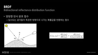 BRDF
Bidirectional reflectance distribution function

• 양방향 반사 분포 함수
  – 입사되는 광자들이 특정한 방향으로 나가는 확률값을 반환하는 함수
 