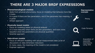 THERE ARE 3 MAJOR BRDF EXPRESSIONS
• Phenomenological models
• Aside from physical phenomena, focus on modeling that behaves more like
it looks
• It is good if there are few parameters, and if the parameter has meaning, it
is great
• Artisan approach
• Physically based models
• Focus on modeling based on physical analysis
• It is more beautiful when there are few parameters, and even more
beautiful when the parameters are physical quantities
• Scientist approach
• Data-driven models
• Focus on efficient modeling with actual measurement data (a lot of
discussions on data dimension reduction)
• In many cases, the meaning of the model is not considered
• Engineer approach
Representative
example
Phong
Cook-Torrance
Acquisition of
separable
expressions
using SVD
 