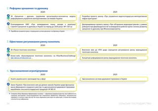 СІЛЬСЬКЕ ГОСПОДАРСТВО
24
2. Реформа зрошення та дренажу
Розробка проекту закону «Про управління водогосподарсько-меліоративною
інфраструктурою»
Доопрацювання проекту закону «Про об’єднання водокористувачів» у рамках
робгрупи при Держводагентстві та міжвідомчої робочої групи з питань розвитку
зрошення та дренажу при Мінекономрозвитку
2020 2021
3. Ефективне регулювання ринку конопель
Внесення змін до НПА щодо спрощення регулювання ринку вирощування
технічних конопель
2020 2021
4. Удосконалення агропідтримки
2020 2021
Аналіз українського законодавства у сфері Удосконалення системи державної підтримки в Україні
Закон України «Про внесення змін до деяких законів України щодо функціону-
вання Державного аграрного реєстру та удосконалення державної підтримки
виробників сільськогосподарської продукції» № 985-IX
Створено єдину державну інформаційну систему — Державний аграрний реєстр, який забезпечить
спрощену реєстрацію сільгоспвиробників для отримання бюджетної підтримки, автоматичну
перевірку їх статусу через доступ до інших державних реєстрів та кадастрів, а також достовірну
статистичну інформацію.
Концепція реформування ринку вирощування технічних конопель
ЗК «Ринок технічних конопель»
Бізнес-кейс «Культивування технічних конопель» на #StartBusinessChallenge
SBC.REGULATION.GOV.UA
ЗК «Зрошення і дренаж», трирівнева організаційно-економічна модель
реформування управління меліоративними системами України
Розпорядження КМУ «Про затвердження плану заходів з реалізації
Стратегії зрошення та дренажу в Україні на період до 2030 року» (№ 1567-р)
Передбачає конкретні кроки з покращення систем зрошення та дренажу в Україні.
 