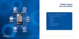 El Móvil: siempre
                                      cerca de tu cliente




Nuevo canal de interacción entre empresas y consumidores:

 •	 Comunicación directa emisor-receptor

 •	 Segmentación

 •	 Diferenciación

 •	 Interactividad

 •	 Innovación

 •	 Facilidad para medir resultados

 •	 Mejora de los resultados
 