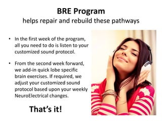 BRE Program
helps repair and rebuild these pathways
• In the first week of the program,
all you need to do is listen to your
customized sound protocol.
• From the second week forward,
we add-in quick lobe specific
brain exercises. If required, we
adjust your customized sound
protocol based upon your weekly
NeuroElectrical changes.
That’s it!
 