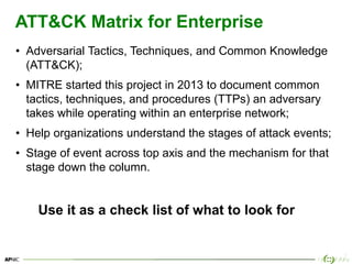15
ATT&CK Matrix for Enterprise
• Adversarial Tactics, Techniques, and Common Knowledge
(ATT&CK);
• MITRE started this project in 2013 to document common
tactics, techniques, and procedures (TTPs) an adversary
takes while operating within an enterprise network;
• Help organizations understand the stages of attack events;
• Stage of event across top axis and the mechanism for that
stage down the column.
Use it as a check list of what to look for
 