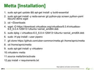 23
Metta [Installation]
1. sudo apt-get update && apt-get install -y build-essential
2. sudo apt-get install -y redis-server git python-pip screen python-yaml
libcurl3 dkms wget
3. cd ~/Downloads
4. wget -O https://download.virtualbox.org/virtualbox/6.0.4/virtualbox-
6.0_6.0.4-128413~Ubuntu~xenial_amd64.deb
5. sudo dpkg -i virtualbox-6.0_6.0.4-128413~Ubuntu~xenial_amd64.deb
6. sudo -H pip install --user pipenv
7. git clone https://github.com/uber-common/metta.git /home/apnic/metta
8. cd /home/apnic/metta
9. sudo apt-get install -y virtualenv
10.virtualenv metta
11.source metta/bin/activate
12.pip install -r requirements.txt
https://github.com/uber-common/metta
 