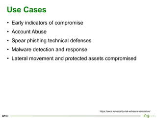 9
Use Cases
• Early indicators of compromise
• Account Abuse
• Spear phishing technical defenses
• Malware detection and response
• Lateral movement and protected assets compromised
https://vectr.io/security-risk-advisors-simulation/
 