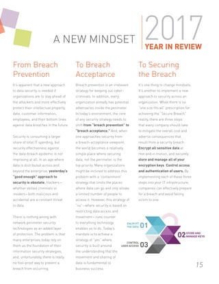 ENCRYPT
THE DATA
CONTROL
USER ACCESS
01
03
STORE AND
MANAGE KEYS02
15
A NEW MINDSET
From Breach
Prevention
It’s apparent that a new approach
to data security is needed if
organizations are to stay ahead of
the attackers and more effectively
protect their intellectual property,
data, customer information,
employees, and their bottom lines
against data breaches in the future.
Security is consuming a larger
share of total IT spending, but
security effectiveness against
the data-breach epidemic is not
improving at all. In an age where
data is distributed across and
beyond the enterprise, yesterday’s
“good enough” approach to
security is obsolete. Hackers–
whether skilled criminals or
insiders–both malicious and
accidental are a constant threat
to data.
There is nothing wrong with
network perimeter security
technologies as an added layer
of protection. The problem is that
many enterprises today rely on
them as the foundation of their
information security strategies,
and, unfortunately, there is really
no fool-proof way to prevent a
breach from occurring.
To Breach
Acceptance
Breach prevention is an irrelevant
strategy for keeping out cyber-
criminals. In addition, every
organization already has potential
adversaries inside the perimeter.
In today’s environment, the core
of any security strategy needs to
shift from “breach prevention” to
“breach acceptance.” And, when
one approaches security from
a breach-acceptance viewpoint,
the world becomes a relatively
simple place where securing
data, not the perimeter, is the
top priority. Many organizations
might be inclined to address this
problem with a ‘containment’
strategy that limits the places
where data can go and only allows
a limited number of people to
access it. However, this strategy of
“no”–where security is based on
restricting data access and
movement– runs counter
to everything technology
enables us to do. Today’s
mandate is to achieve a
strategy of “yes” where
security is built around
the understanding that the
movement and sharing of
data is fundamental to
business success.
To Securing
the Breach
It’s one thing to change mindsets.
It’s another to implement a new
approach to security across an
organization. While there is no
“one size fits all” prescription for
achieving the “Secure Breach”
reality, there are three steps
that every company should take
to mitigate the overall cost and
adverse consequences that
result from a security breach.
Encrypt all sensitive data at
rest and in motion, and securely
store and manage all of your
encryption keys. Control access
and authentication of users. By
implementing each of these three
steps into your IT infrastructure,
companies can effectively prepare
for a breach and avoid falling
victim to one.
15
2017YEAR IN REVIEW
 