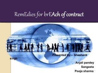 Remedies for Breach of Contract
1
RemEdies for brEAch of contract
Presented by:- Shashank
singh
Anjali pandey
Sangeeta
Pooja sharma
 